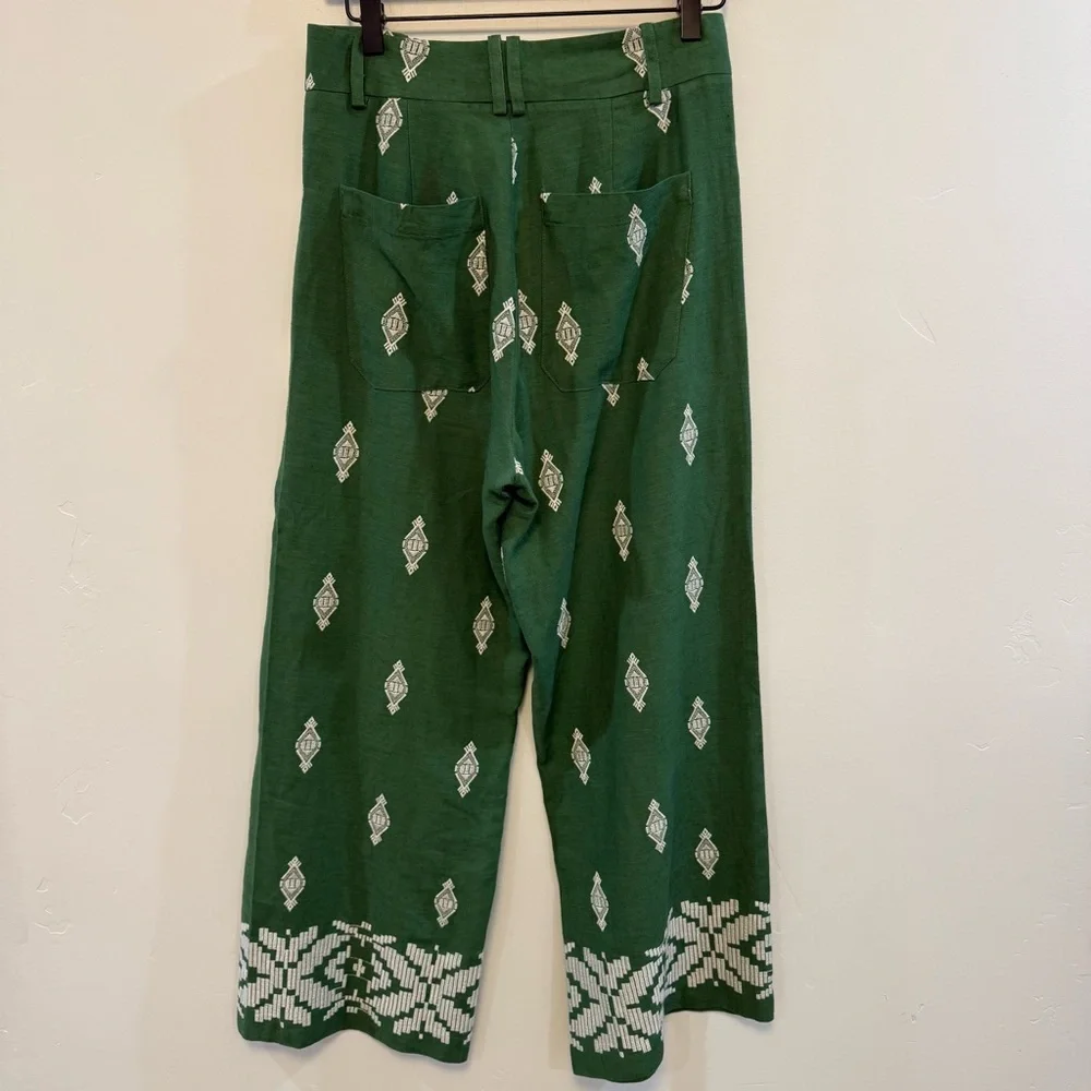 ZARA Linen embroidered green wide leg cropped Coolots